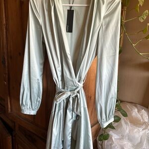 Lucy Paris Long Sleeve Satin Dress in Soft Blue